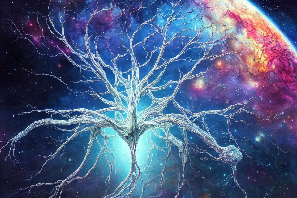 Cosmic tree with neural pathway branches in a star-filled galaxy