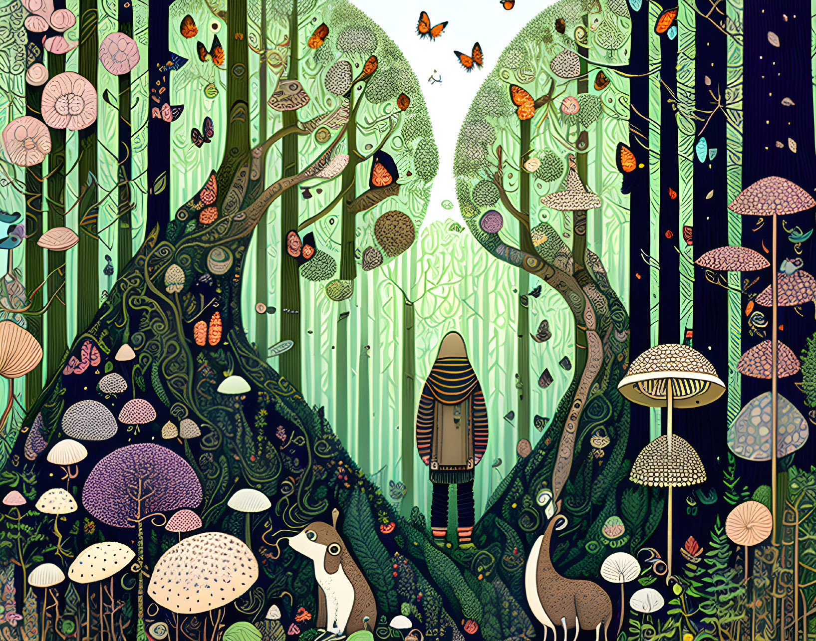 Colorful Forest Scene with Wildlife and Rocket Ship in Detailed Illustrative Style