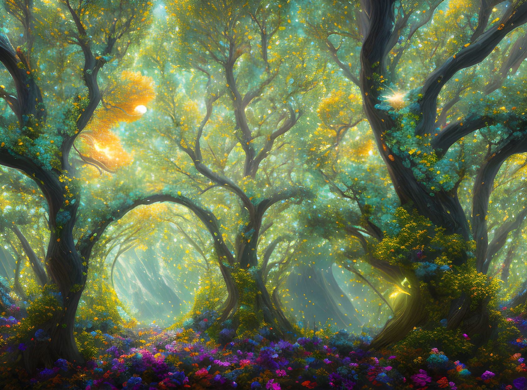 Twisted trees, vibrant leaves, colorful flowers in enchanting forest