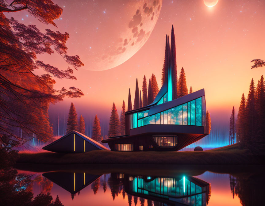 Modern house by serene lake with tall trees, large moon, surreal sky