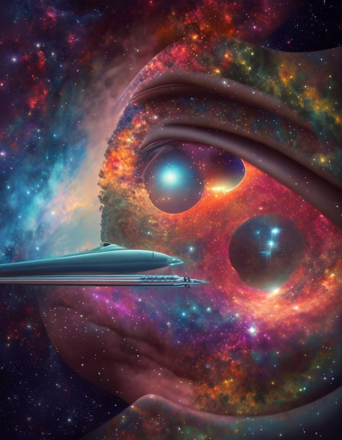 Surreal cosmic portrait merging human face with vibrant galaxy and spaceship.