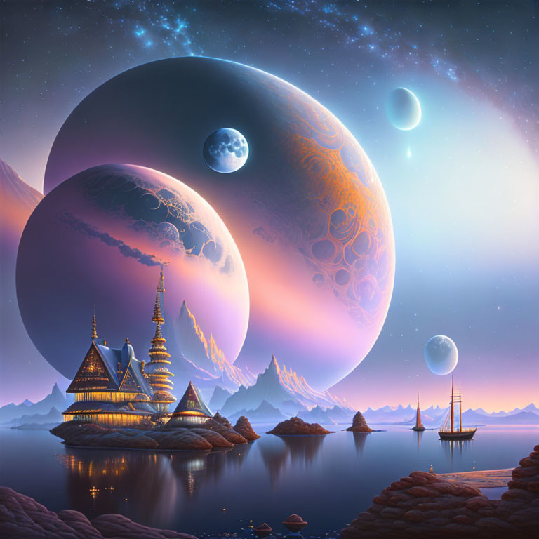 Fantasy landscape featuring ornate building on rocky shore with planets and moons in sky.