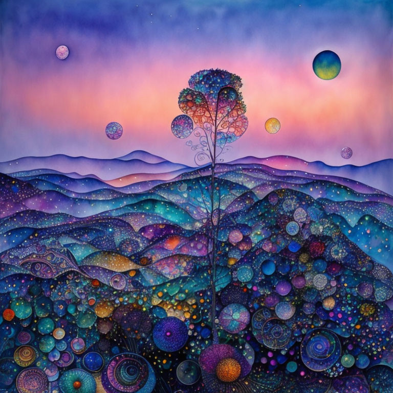 Colorful whimsical tree on rolling hills with intricate patterns under starry sky.