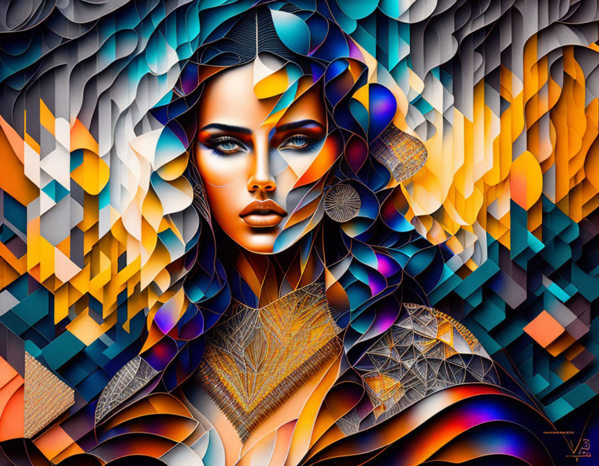 Colorful geometric digital art of a woman blending abstract and realistic elements