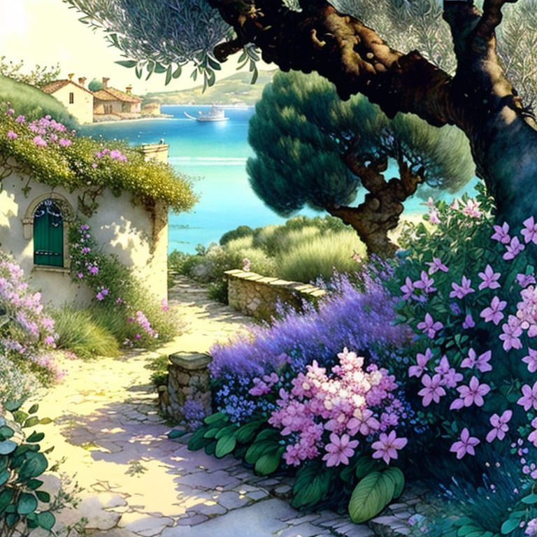 Tranquil coastal landscape with cobblestone path, purple flowers, calm sea, houses, and