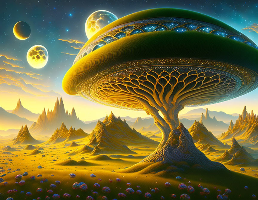 Fantastical landscape with giant mushroom structure and alien terrain