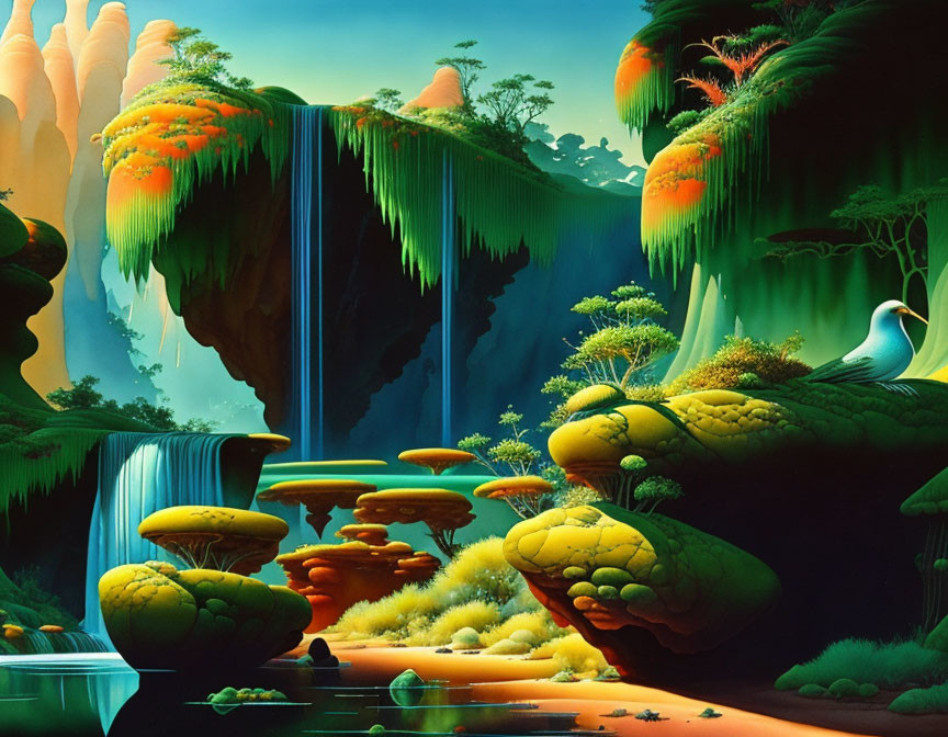 Fantastical landscape with lush vegetation and surreal mushroom-like formations