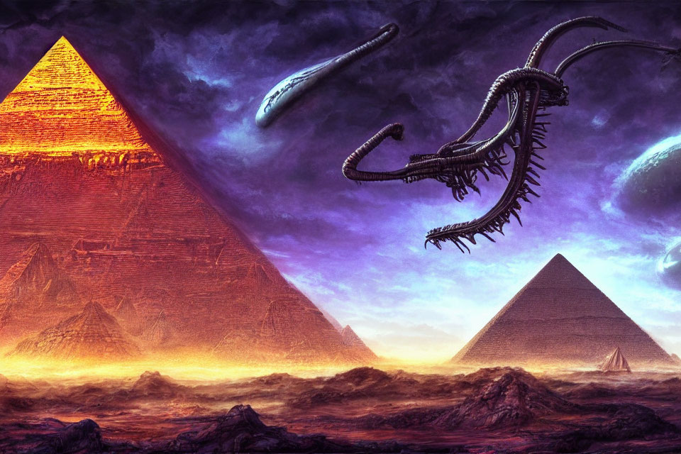 Sci-fi landscape with Egyptian pyramids, alien creature, planets, and sunset