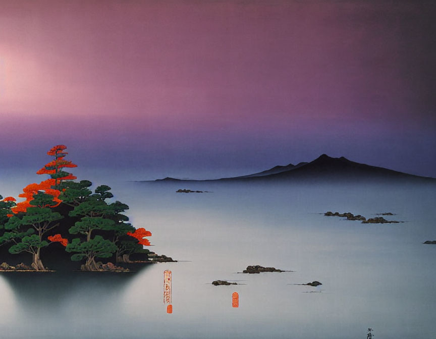 Tranquil lake scene with island, trees, mountains, and dusky sky