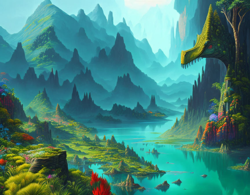 Fantastical landscape with mountains, lake, and dragon-like creature