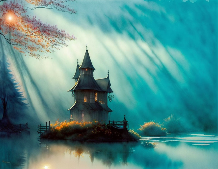 Enchanting fairytale tower near serene lake and misty forest