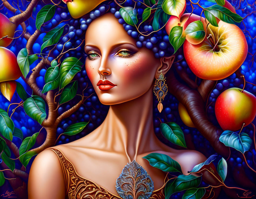 Colorful illustration of a woman with striking eyes surrounded by lush fruits and foliage.