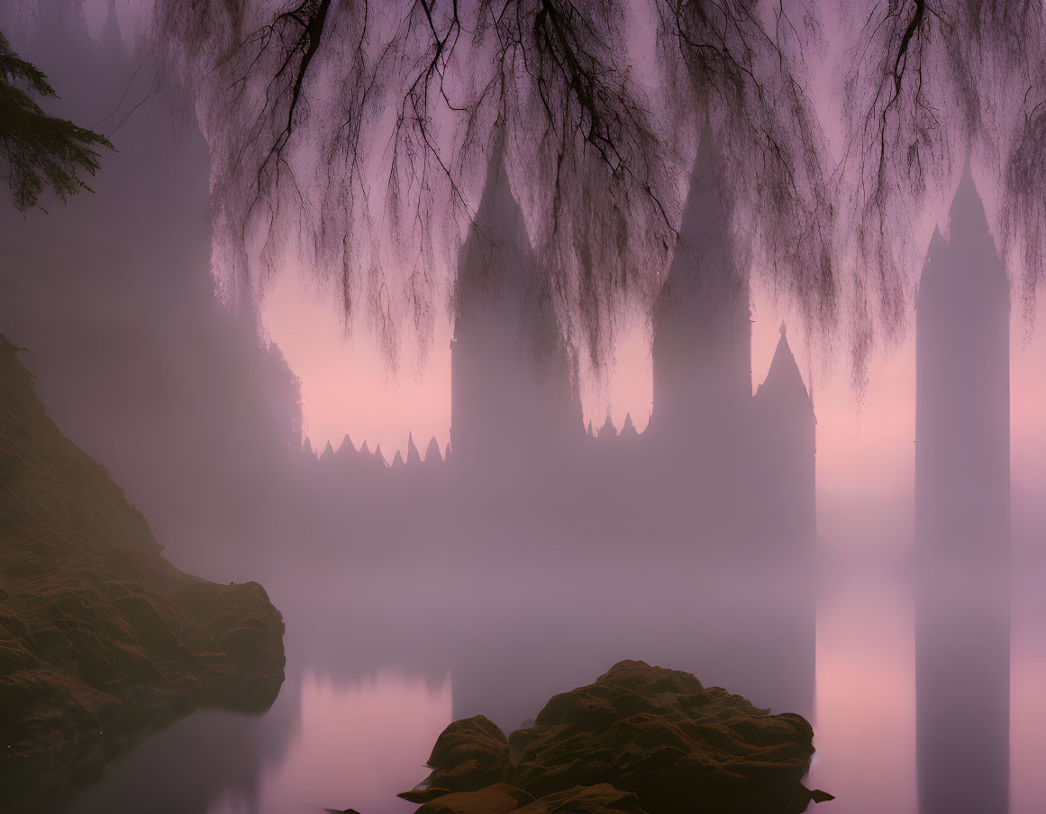 Misty Castle Silhouette in Ethereal Landscape