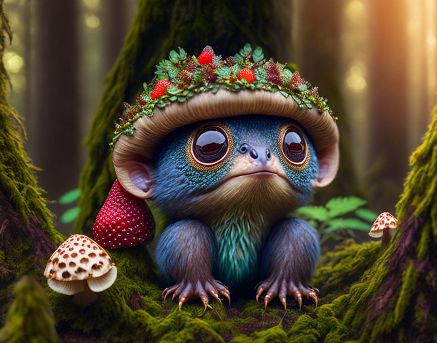 Whimsical monkey-like creature with expressive eyes in enchanted forest habitat