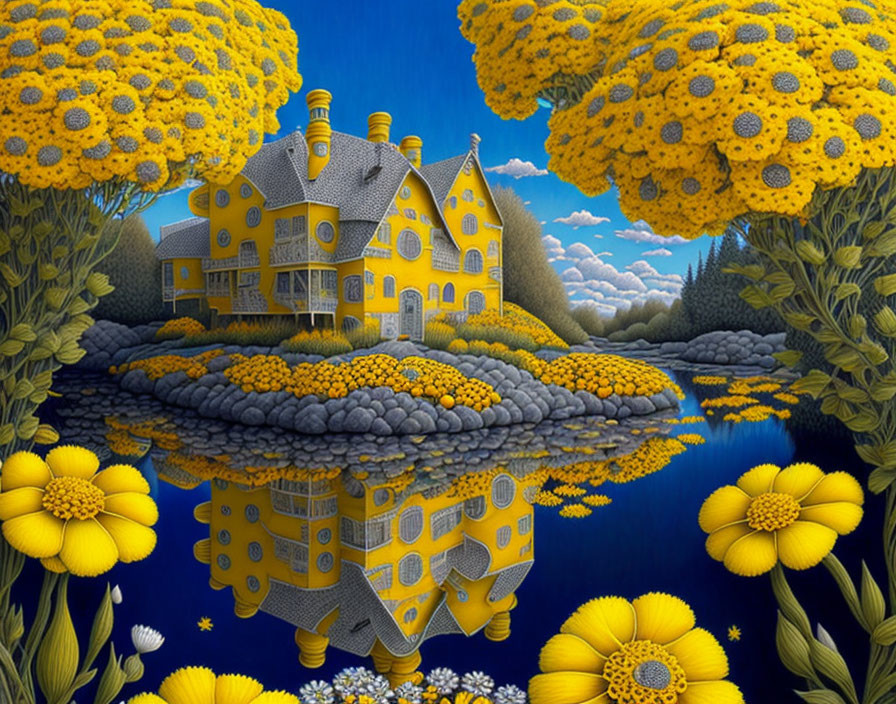 Yellow Thatched Roof House Surrounded by Flowers and Blue Pond