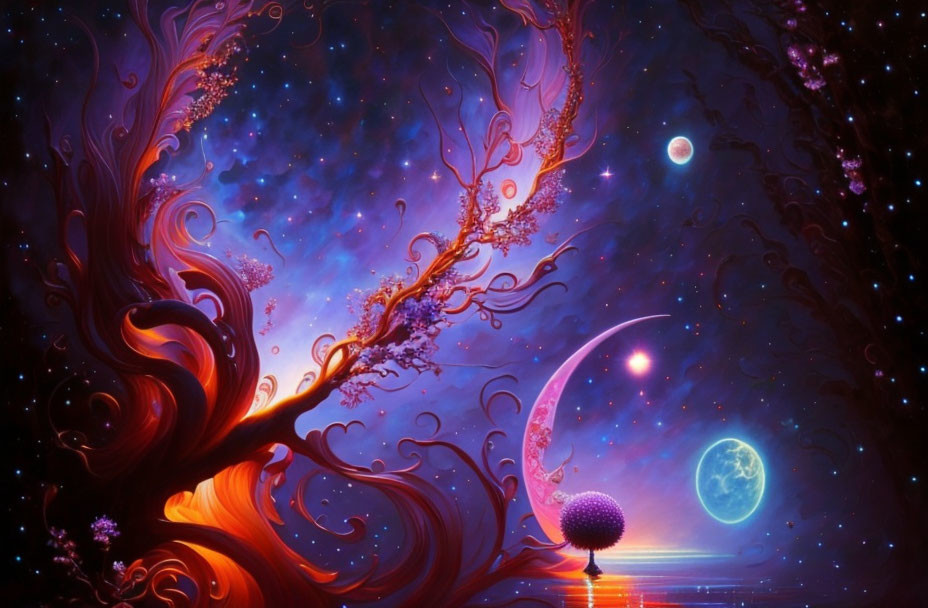 Fantastical landscape with luminous tree, dual moons, starry sky.