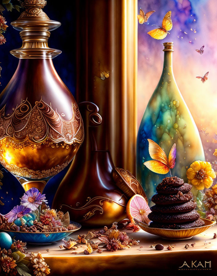 Intricate still life with vases, cookies, flowers, and butterflies in golden light