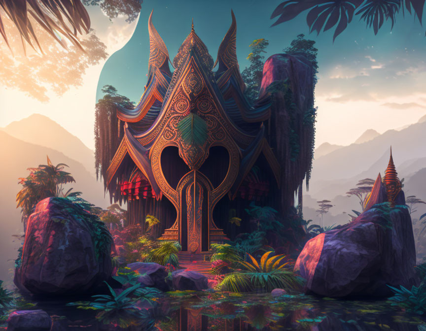 Mystical temple with intricate designs in lush mountain setting at twilight