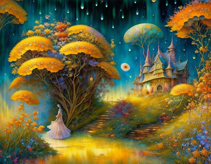 Colorful fantasy landscape with luminous trees, whimsical castle, woman in flowing dress.