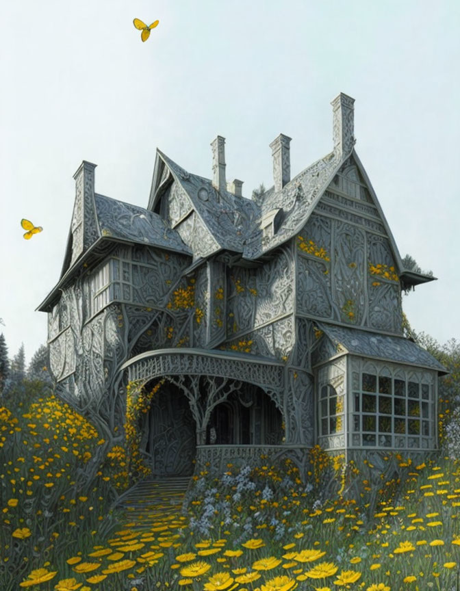 Detailed Grey-Toned House with Pointed Roofs in Field of Yellow Flowers