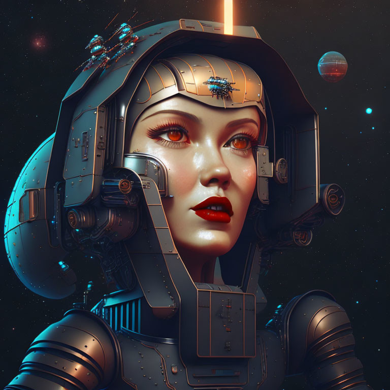 Detailed futuristic female robot head with glowing red eyes against cosmic backdrop