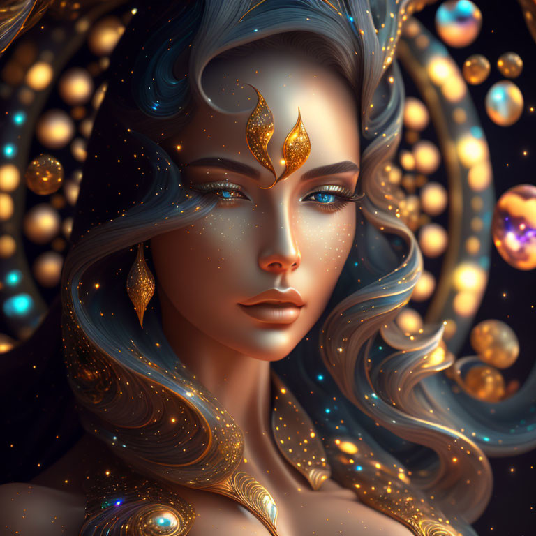 Ethereal digital illustration of woman with blue hair and cosmic background