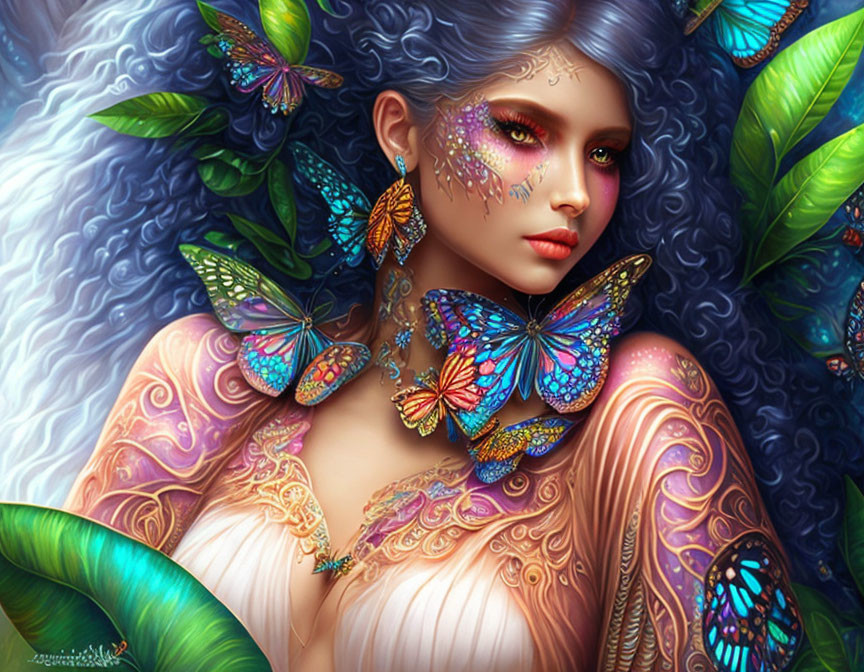 Digital Artwork: Woman with Violet Hair and Floral Patterns, Surrounded by Butterflies and Green Leaves