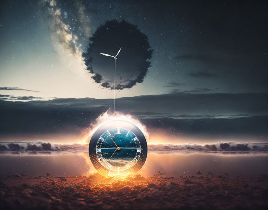 Surreal illustration of wind turbine on clock-faced portal in starry sky