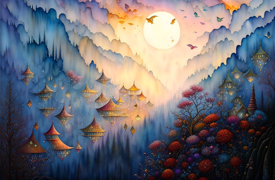 Fantasy landscape at dusk with floating lanterns and mystical mountains