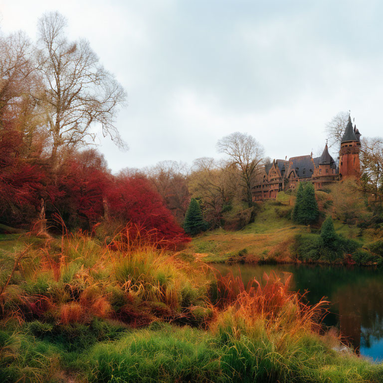 Castle by Tranquil Lake Surrounded by Autumn Trees