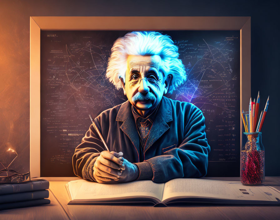 Scientist-inspired character with white hair and mustache in front of blackboard with equations and book