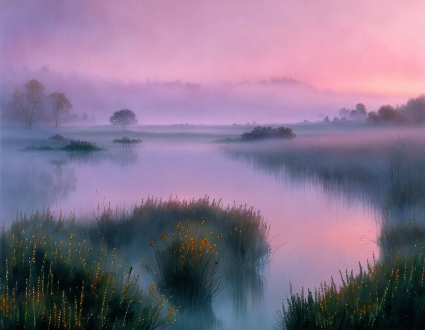 Tranquil dawn landscape: soft pink sky, misty lake, tree silhouettes