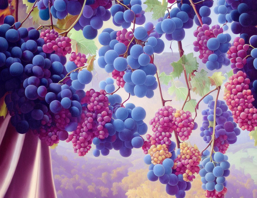 Purple and Blue Grapes on Vine Against Soft Purple Background