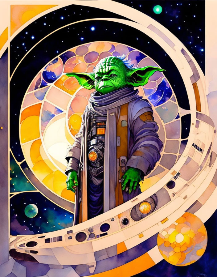 Green-skinned character in robe with cosmic background.