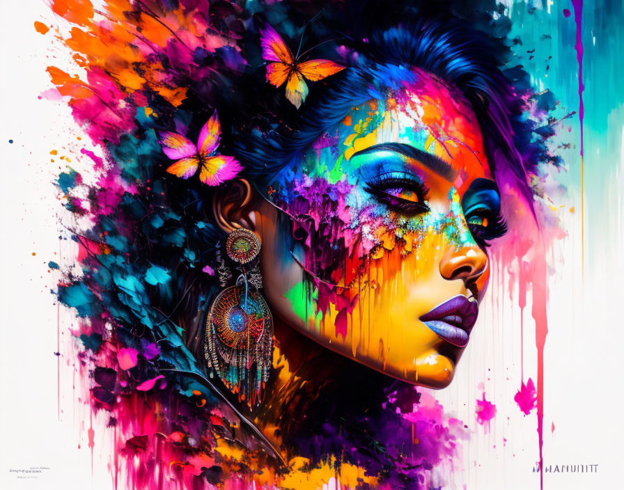 Colorful portrait of a woman with butterflies and splashes in expressive makeup