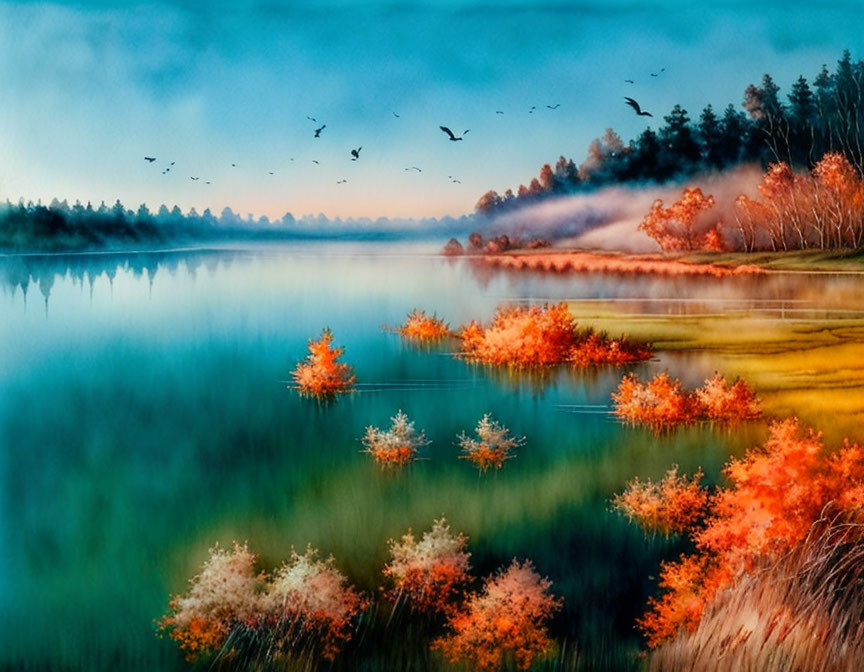 Tranquil lake in autumn setting with mist, colorful foliage, and flying birds