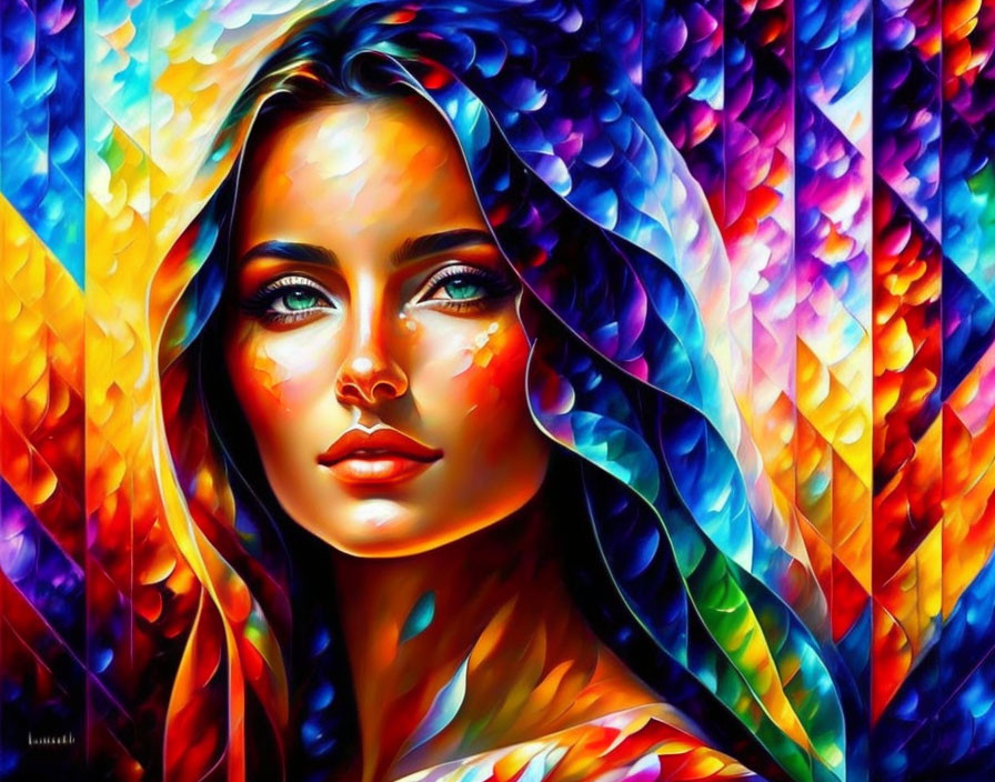 Vibrant digital artwork of a woman with colorful geometric patterns