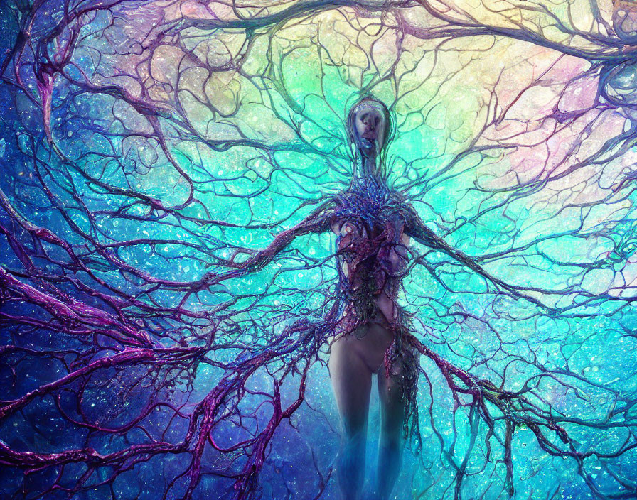 Humanoid tree creature in vibrant blue and purple setting