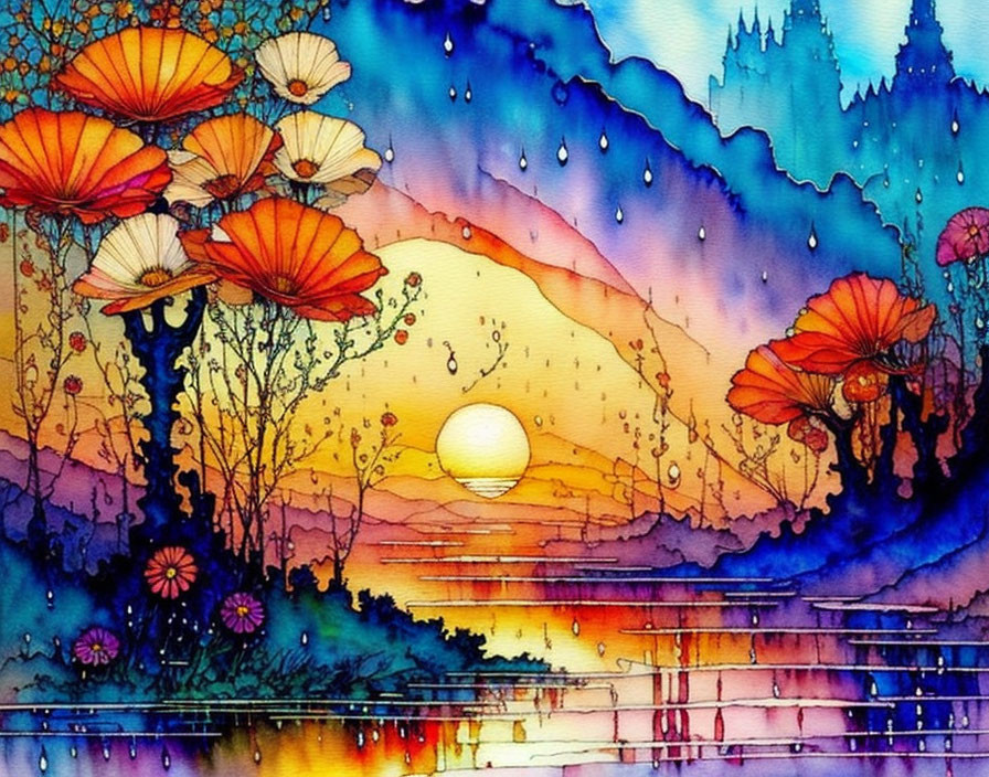 Colorful Watercolor Painting of Sunset Reflections and Silhouetted Flora