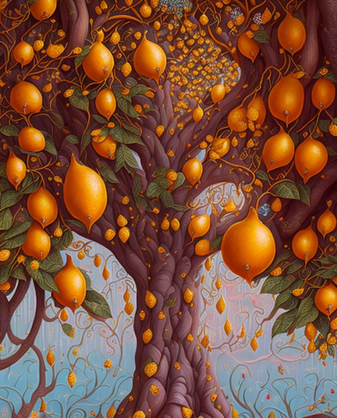 Illustration of Purple Tree with Orange Fruits and Blue Background