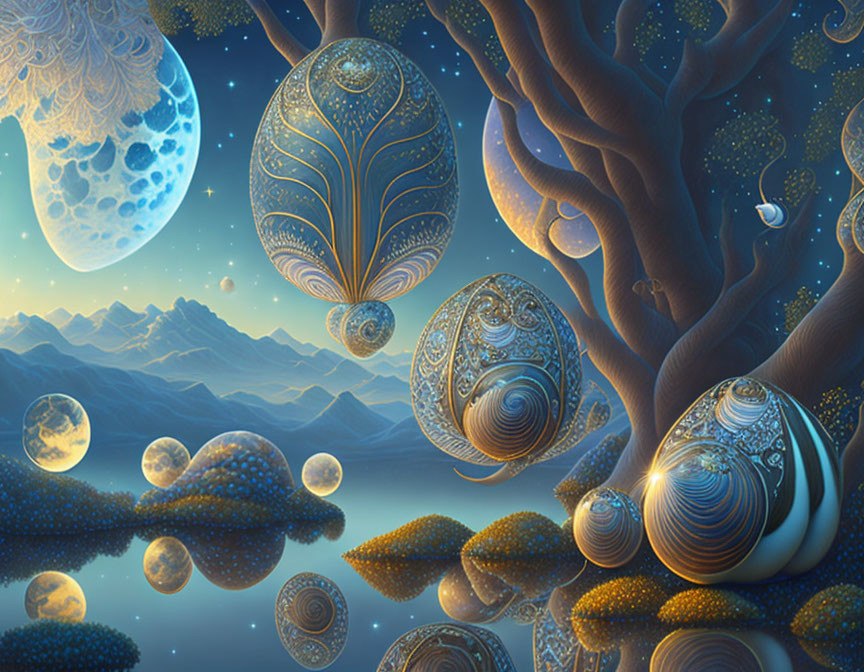 Fantastical night landscape with glowing eggs, grand tree, bubbles, mountains, and intricate moon patterns