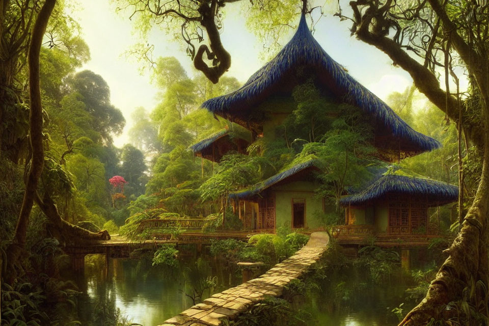 Asian-style Buildings with Blue Roofs in Forest Setting