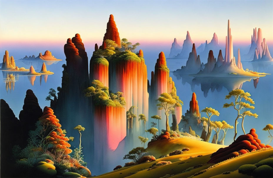 Surreal landscape with towering rock formations and cascading waterfalls