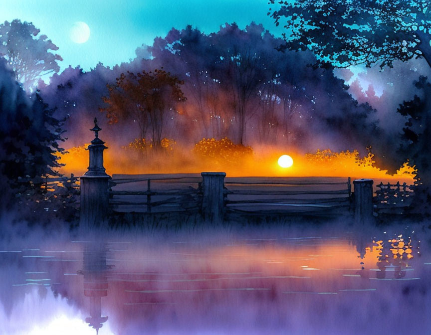 Sunrise watercolor painting of misty lake with trees and fence