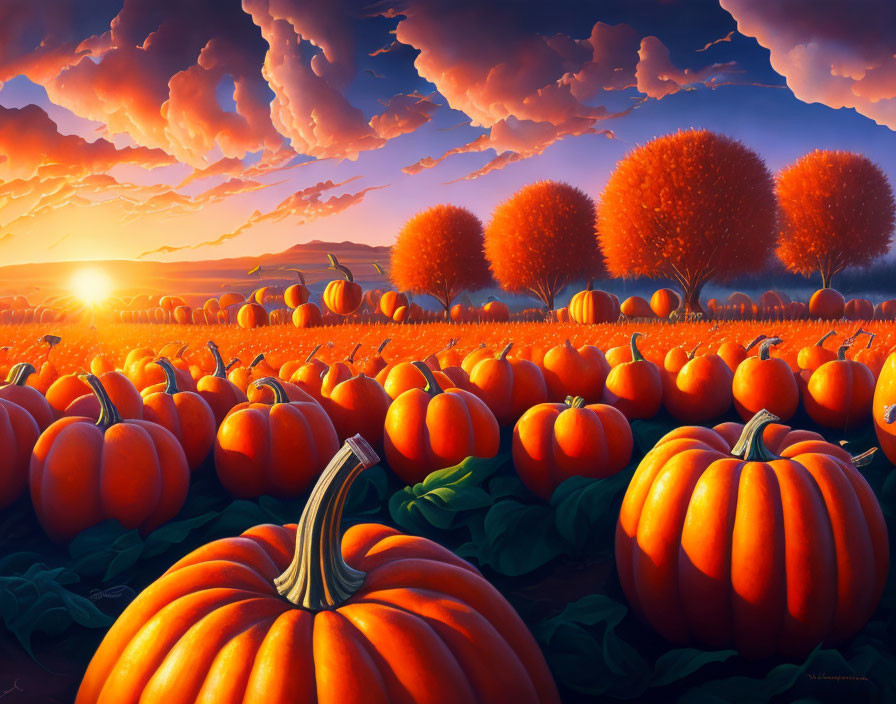 Vibrant Pumpkin Field at Sunset with Autumn Trees