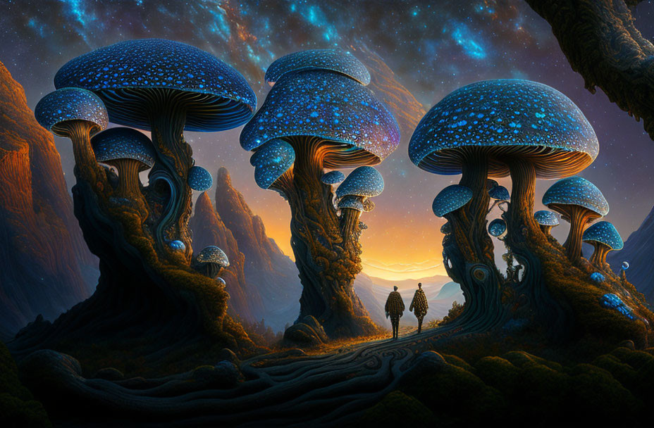 Silhouetted figures walking towards giant luminescent mushrooms in surreal starlit landscape