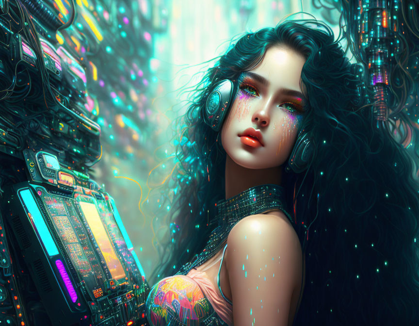 Digital art portrait of woman with dark hair, colorful makeup, headphones, futuristic tech background