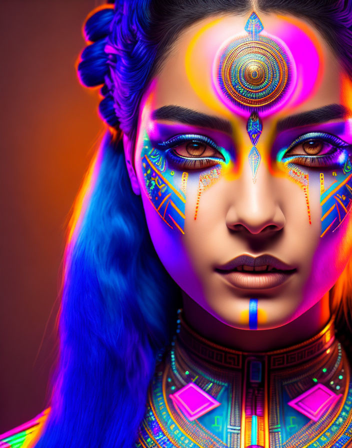 Vibrant tribal-inspired makeup and blue-dyed hair on woman against orange backdrop