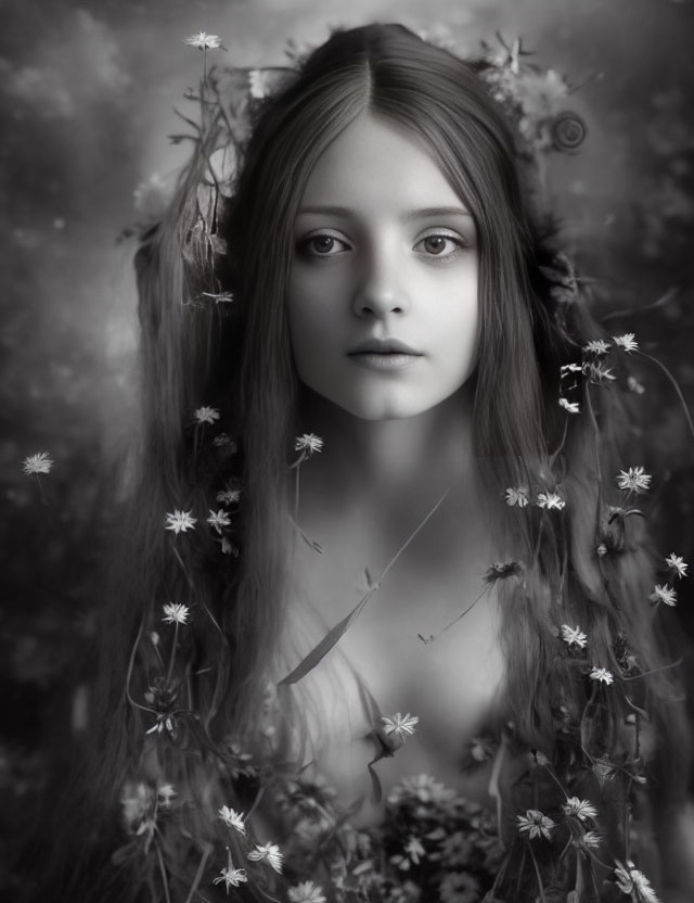 Monochrome portrait of young woman with flowers in hair in soft-focus floral setting