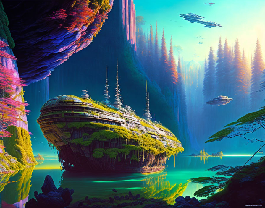 Vibrant sci-fi landscape with floating island & futuristic buildings